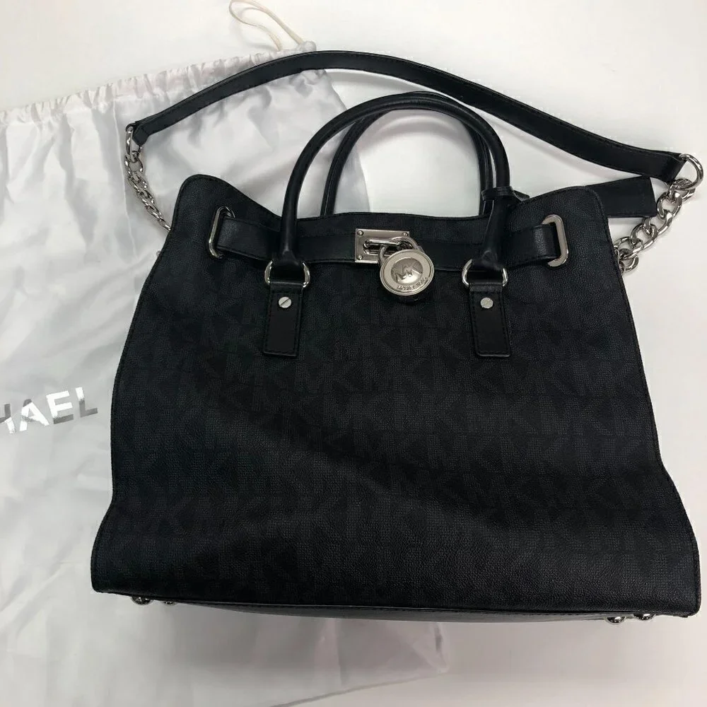 Michael Kors Black Logo Monogram Large Hamilton Satchel Bag Handbag Purse - Picture 4 of 8